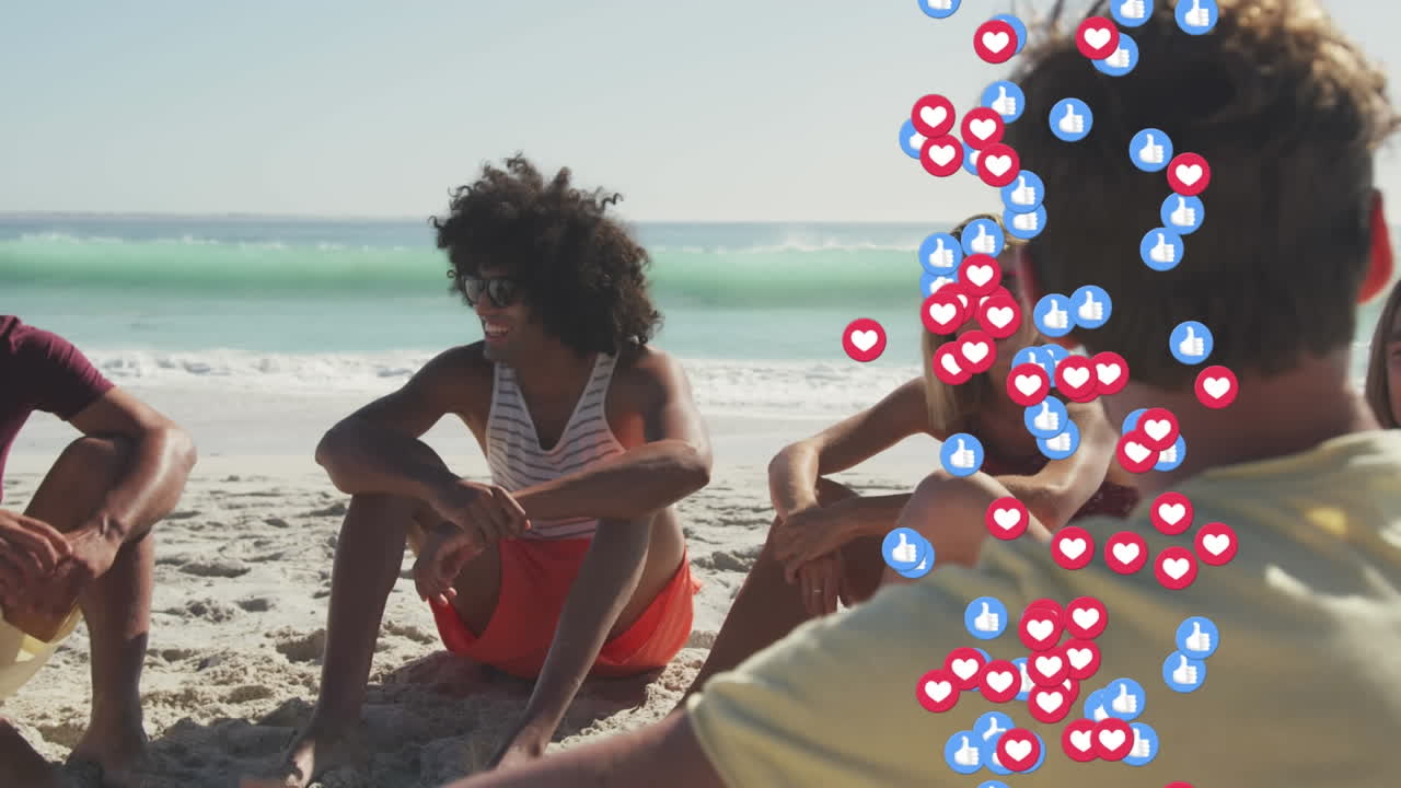 animatie van rode en groene schoolstatistieken over gelukkige vrienden die plezier hebben op het strand