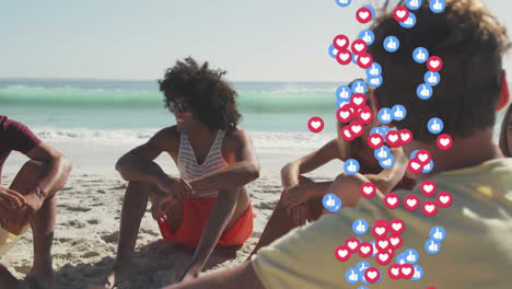 animation of red and green school statistics over happy friends having fun at beach