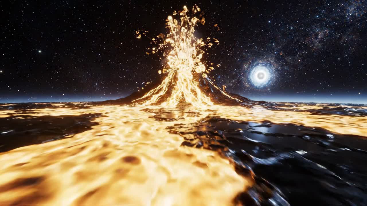 Spectacular Volcanic Eruption on a Distant Planet Under Starry Sky