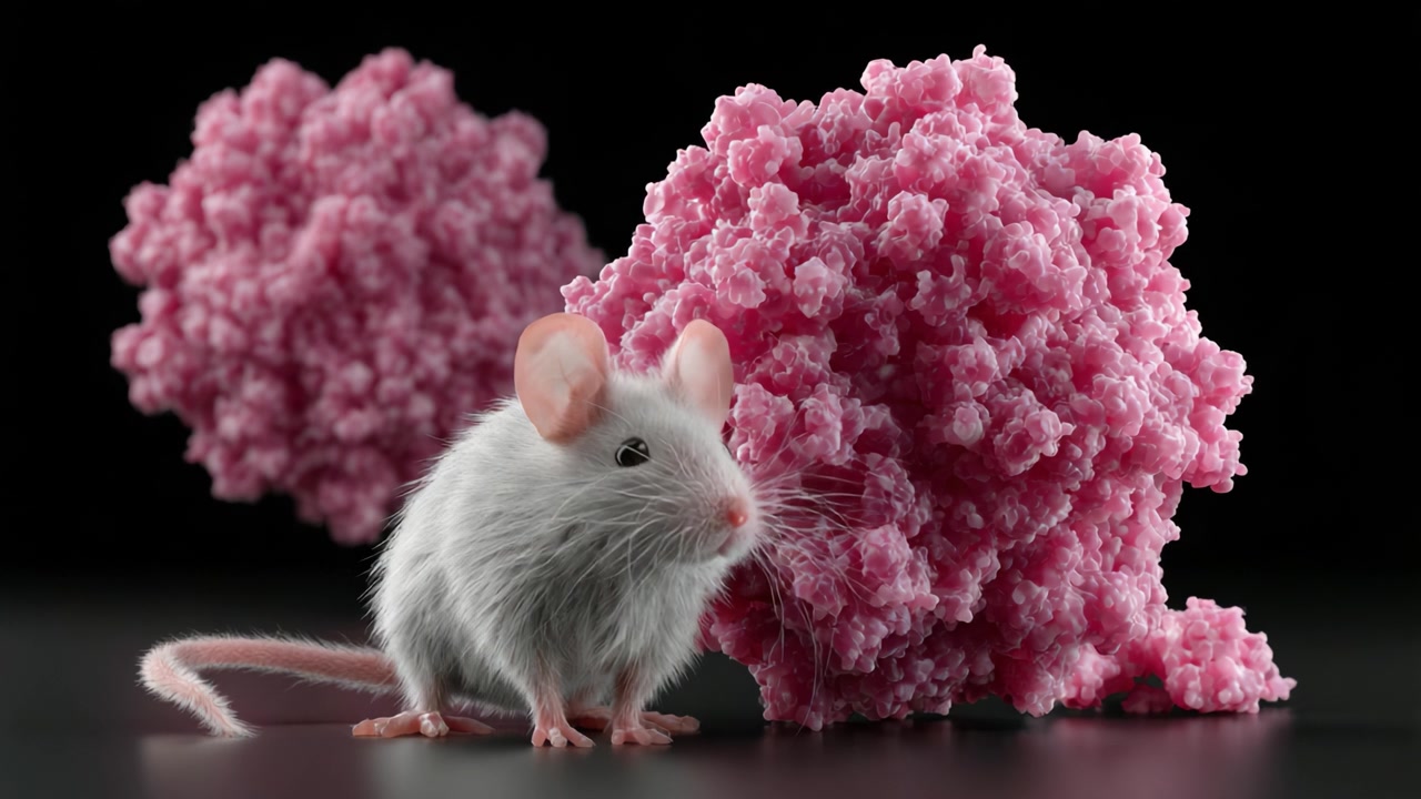 マウスと鮮やかなピンク色の構造物との魅力的な相互作用。自然と微生物学の興味深い詳細が示されている。