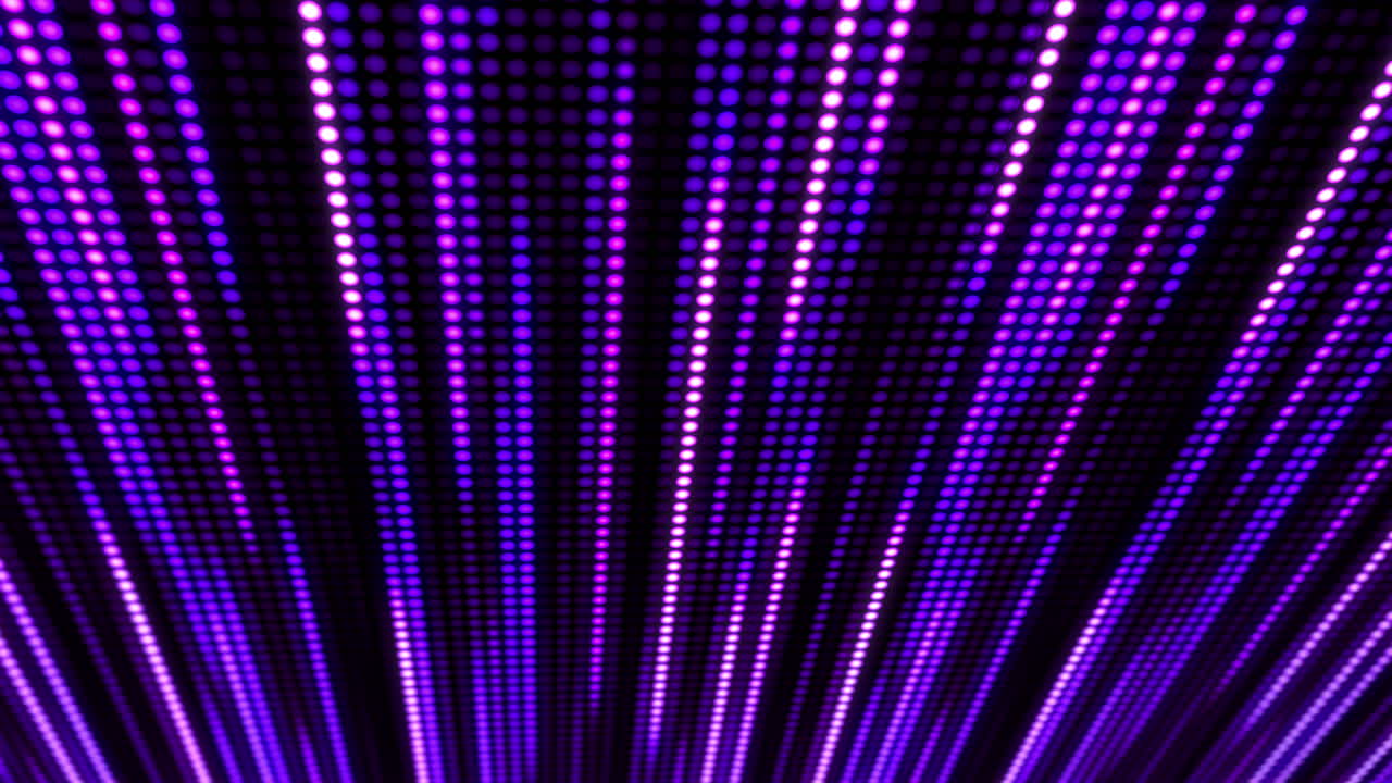 Lines of purple round light bulbs glowing. Digital abstract background with dots and pixels slow downward motion. Looped animation.