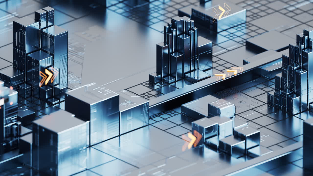 Metallic cube circuit board, 3d rendering.