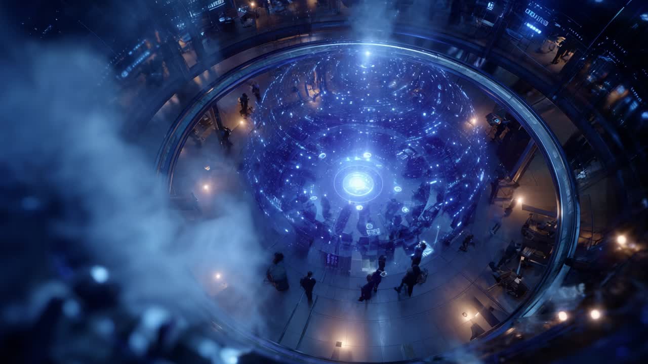 A mesmerizing scene unfolds as a luminous spherical projection envelops an audience, intricately depicting a universe of stars and particles, blending technology and creativity in a captivating visual display