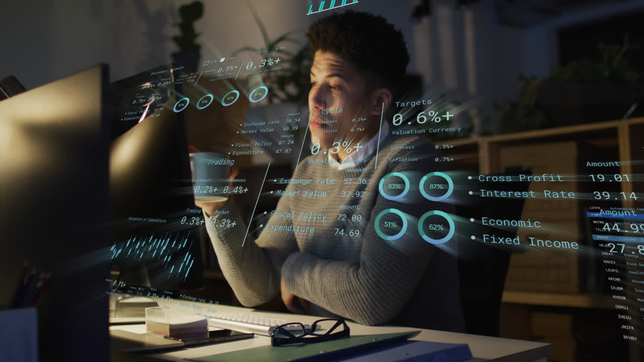 Animation of financial data processing over biracial businessman working in office