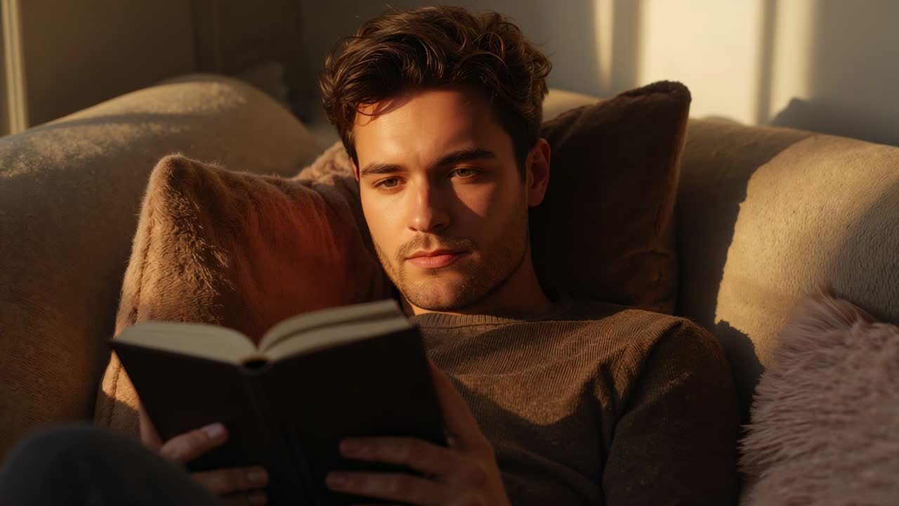 Ein Mann mit Strickpullover sitzt zu Hause auf dem Sofa und blättert in einem gebundenen Buch, das sich im Sonnenlicht spiegelt