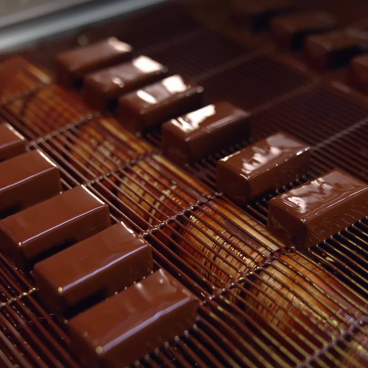 Barrette di cioccolato su un nastro trasportatore.