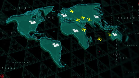 airplanes and cargo ships over world map, global transportation animation