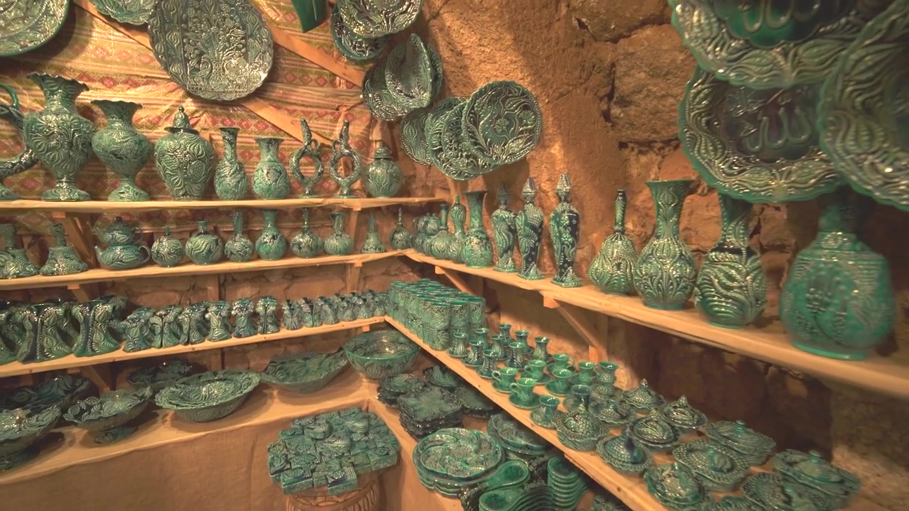 Traditional Turkish Pottery Display in a Cave Shop