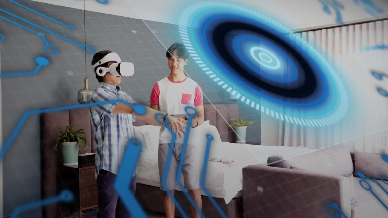 VR user reaching and selecting, teen using tablet activating blue hologram in bedroom tech demo