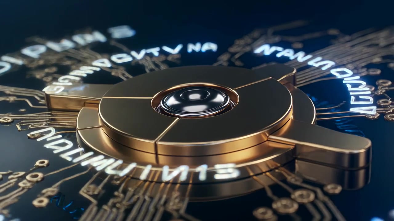 Soft key light sweeping coaxing gold rotor rotating on circuit board, glowing text ring circling