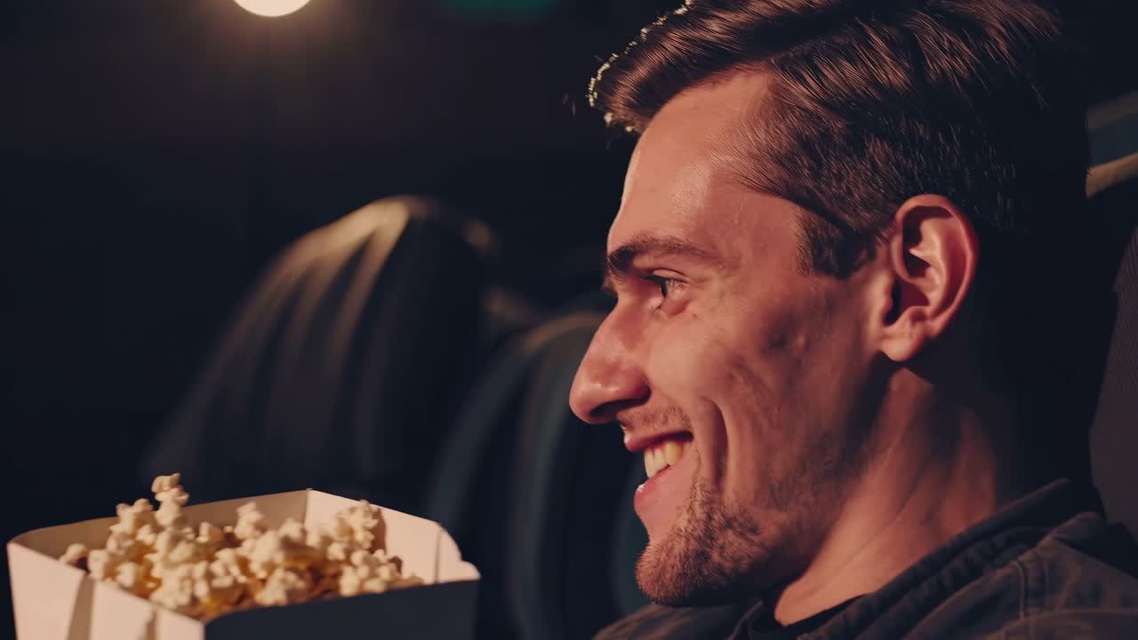 Mand spiser popcorn i en bil ved en drive-in biograf