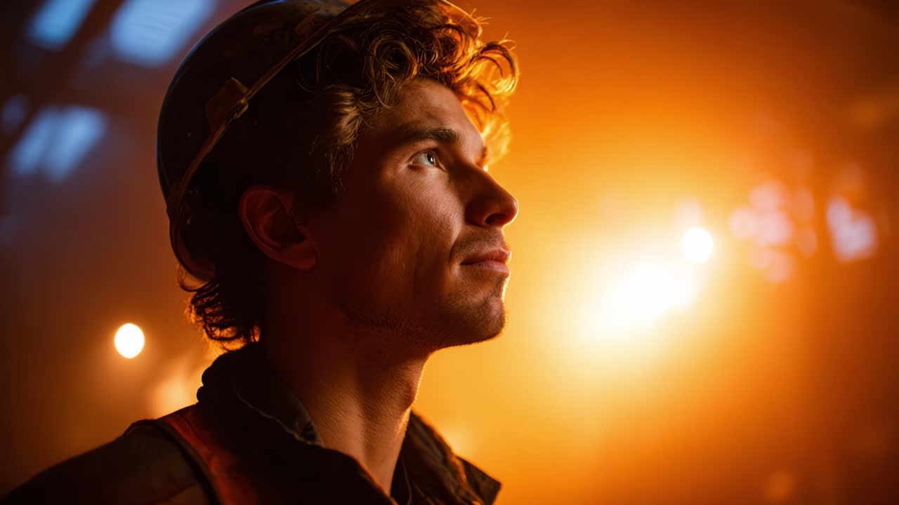 Um retrato de perfil de um jovem trabalhador usando um chapéu, iluminado por uma luz laranja quente, exibindo determinação e foco em um ambiente industrial.