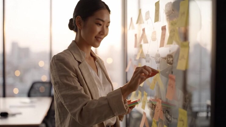 Focused Professional Analyzing Sticky Notes on Glass Wall, Engaged in Strategy Development and Planning in Modern Office with City View During Sunset.