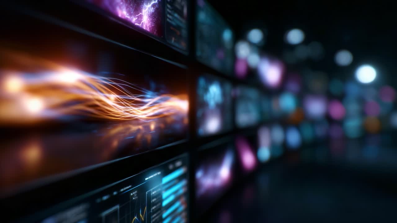 Dynamic Visuals of Flowing Light Patterns Displayed on Digital Screens in a Darkened Environment, Engaging Viewers with Pulsating Colors and Shadows