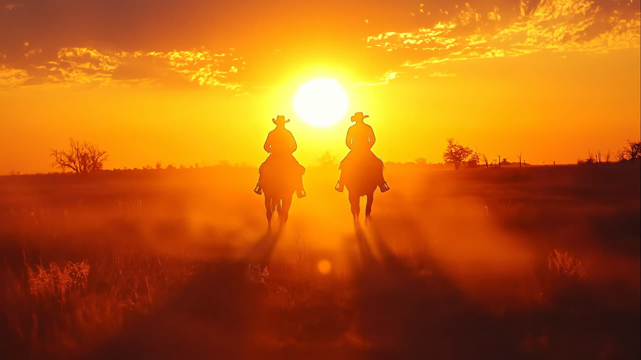 Cowboys riding horses at sunset. Two cowboys ride across a dusty plain at sunset, their silhouettes glowing in the warm evening light