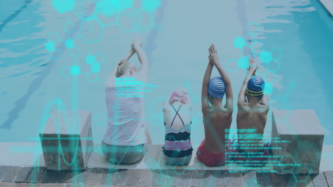 수영 강사와 함께 수영장 에 앉아 과학 데이터 애니메이션을 보는 아이들