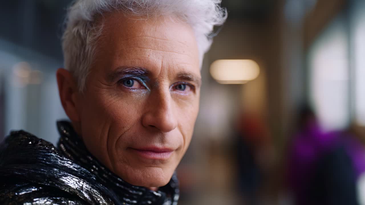 Un individuo sicuro di sé con un sorprendente look argentato e un trucco unico, che mette in mostra un abito metallico alla moda, riflettendo la sua carismatica personalità e il suo stile