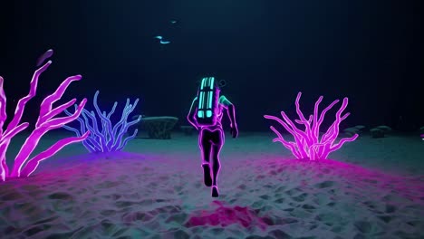 neon scuba diver in underwater scene