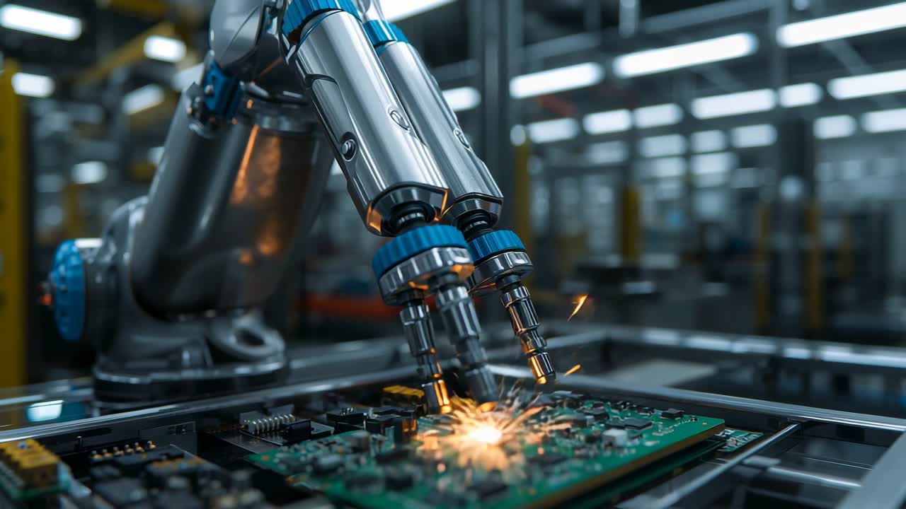 Receiving arc signal, welding arms with blue rings forming solder joint on PCB at assembly line