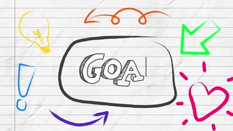 animation of goal text in speech bubble with icons on ruled paper