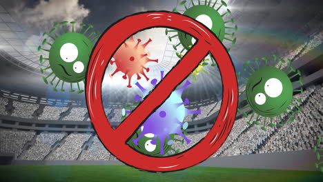 animación de la señal de no entrada sobre las celdas de covid 19 y el estadio deportivo