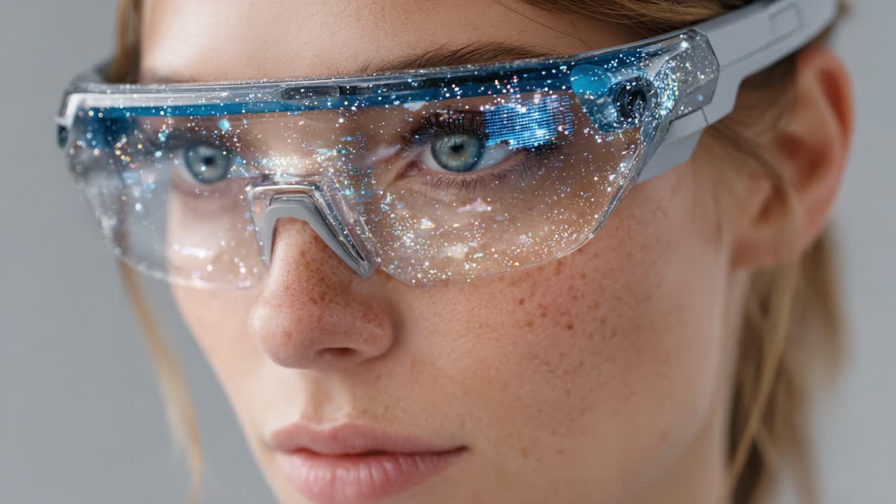 Futuristic Smart Glasses: A Close-Up of a Model Wearing Innovative Augmented Reality Eyewear with Sparkling Effects and a Modern Design Aesthetic