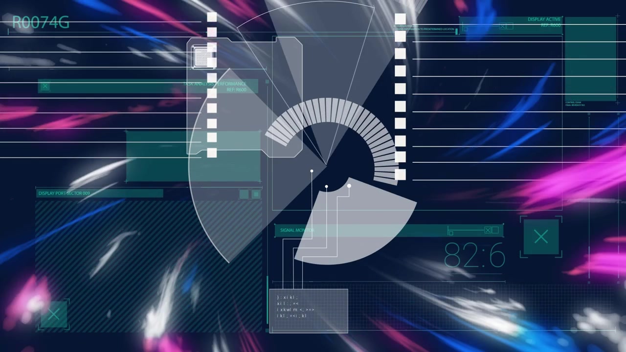 Animation of circles and digital time with abstract pattern and multicolored air waves
