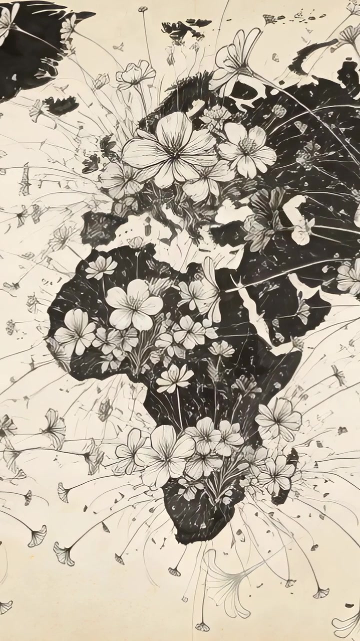 Video verticale: Mappa ad inchiostro Europa-Africa che inizia a germogliare fiori e steli su carta color crema.