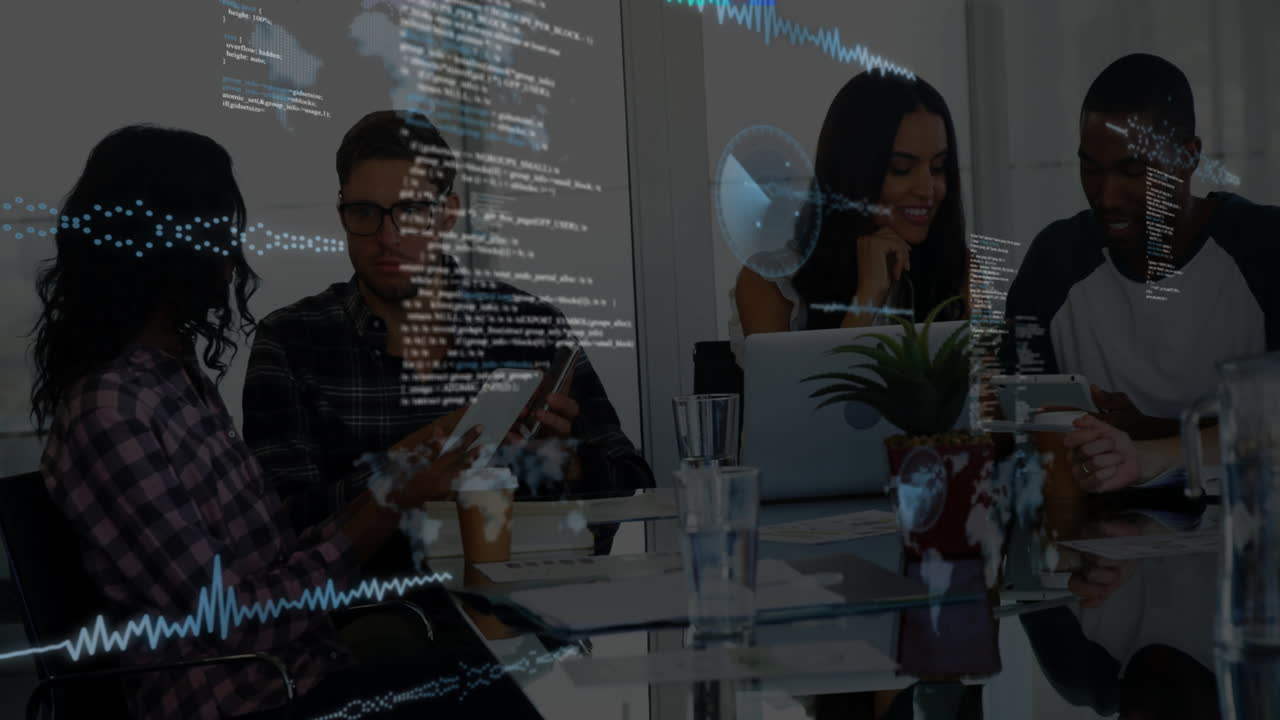 Diverse team working on laptops with data processing animation overlay