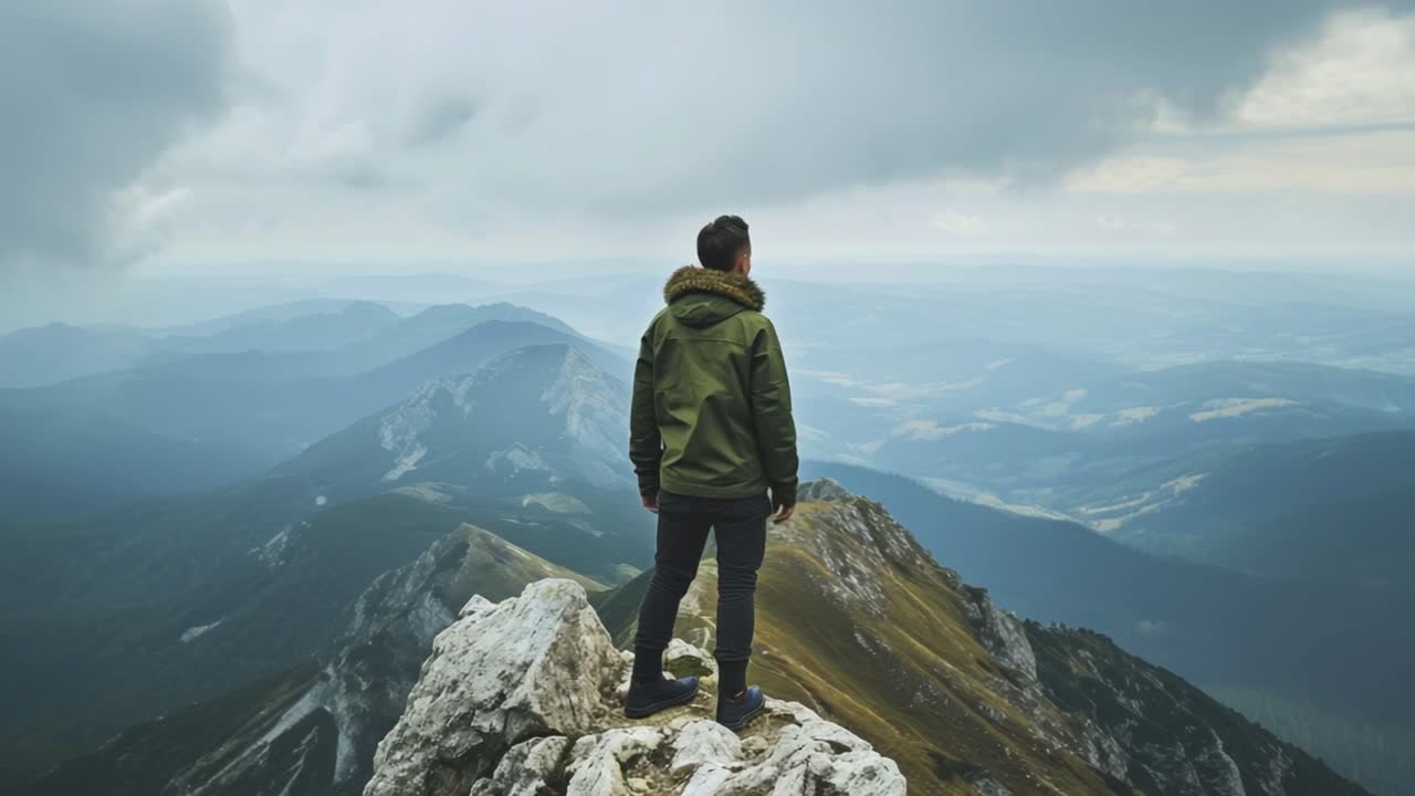 Hiker is standing on top of mountain admiring beautiful mountain landscape with cloudy sky, enjoying freedom and achievement after challenging climb