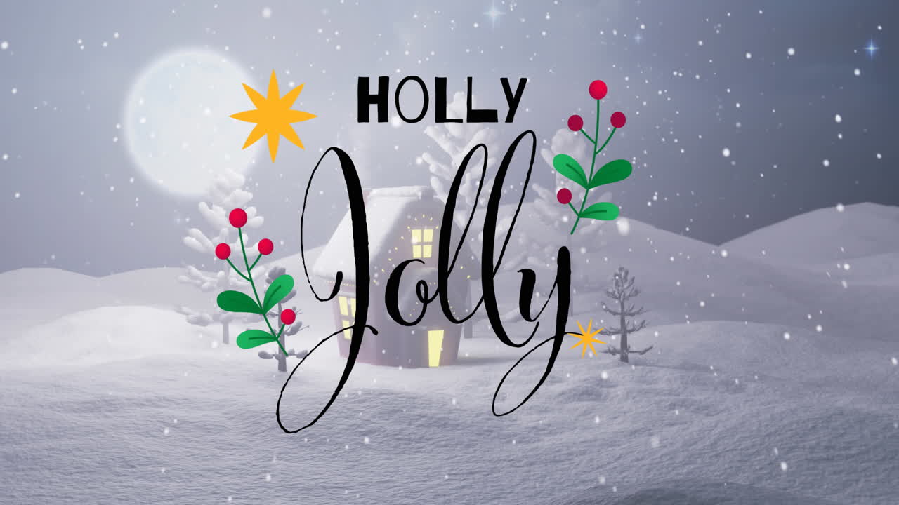 animación de felicitaciones de navidad texto y decoraciones sobre nieve y casa en paisaje de invierno