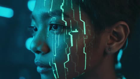 person with futuristic circuitry projected on face