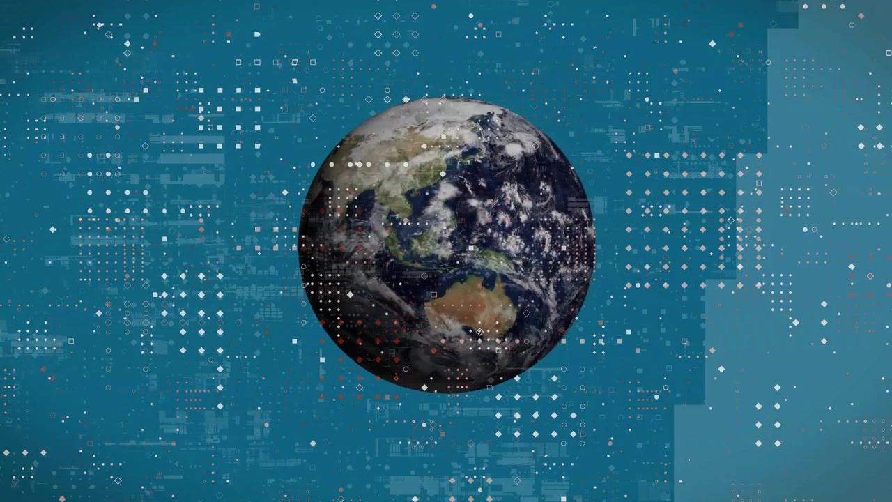 Piccolo cerchio che si espande in un globo 3D, punti e quadrati che pulsano e si distorcono per una visualizzazione globale dei dati