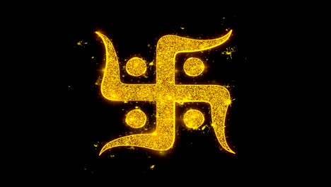 hindu swastika icon sparks particles on black background.