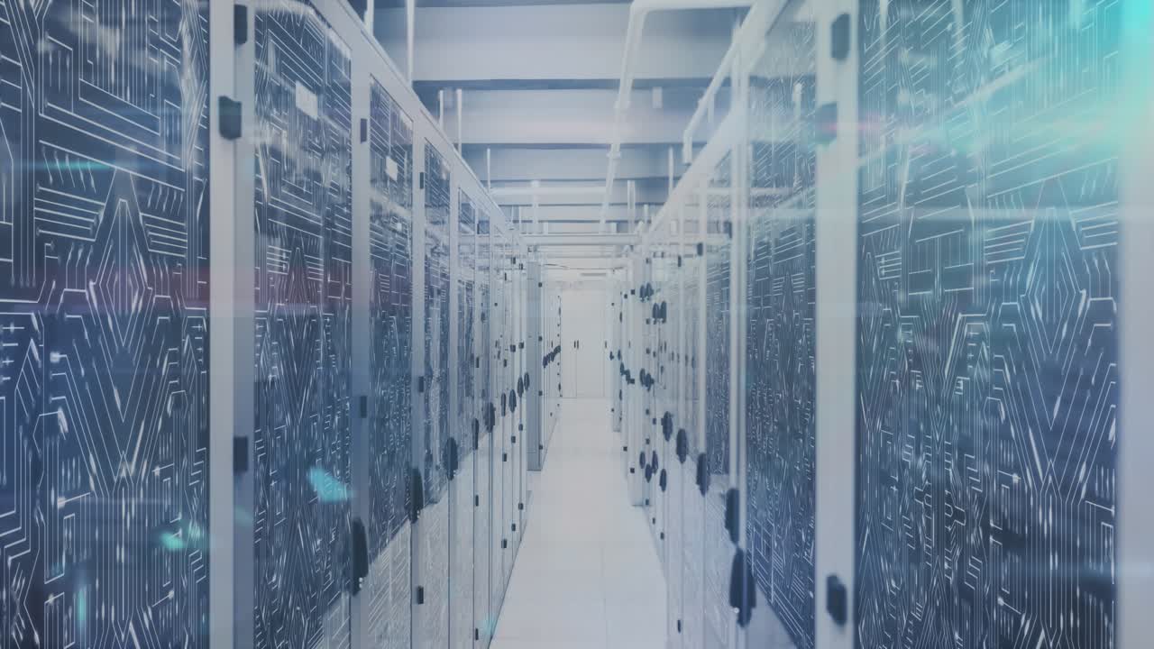 Animation of network of digital icons and mathematical equations against computer server room