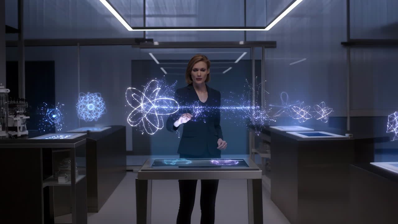 Woman Interacting with Holographic Display in a Futuristic Lab