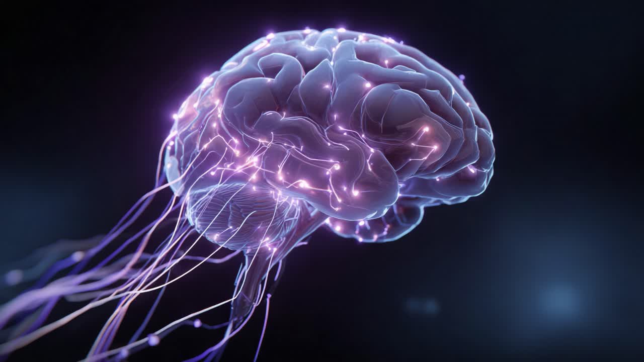 Pulsing electrical signals through a transparent brain model representing artificial intelligence, memory, creativity, and the power of thought on a dark background showing an active mind