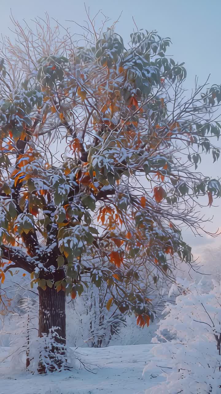 Vertical video: Panning camera capturing broadleaf tree standing in snow clearing with pastel sky