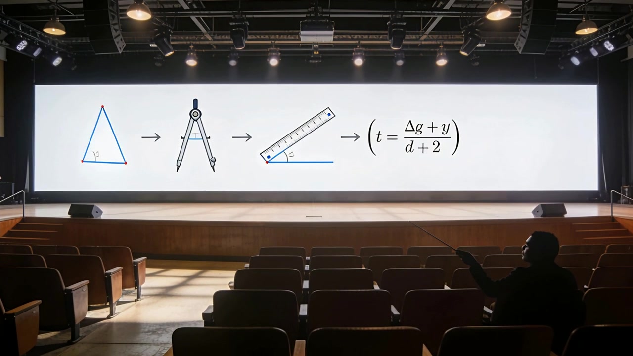 Proiettore che mostra formule matematiche scorrendo lo schermo durante una lezione, con un uomo seduto in cappotto scuro che indica con una bacchetta.