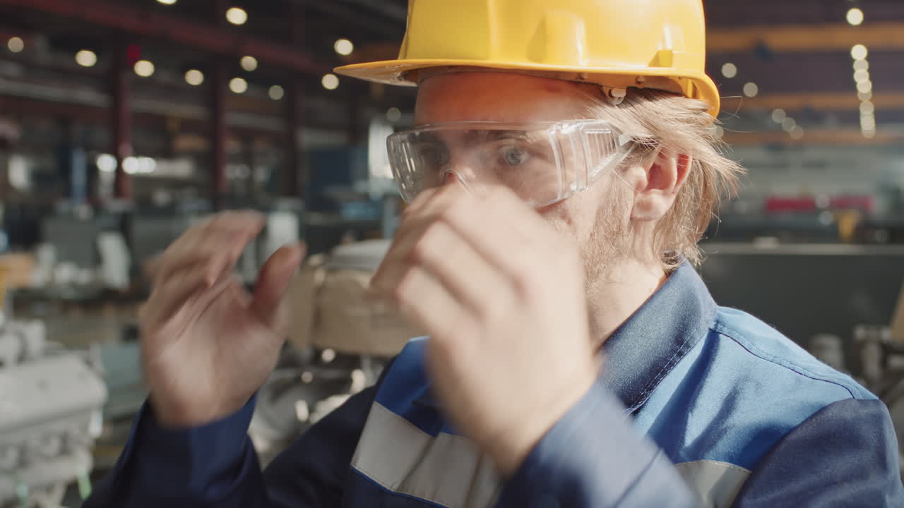 Bearded Plant Worker Putting On Hard Hat And Safety Glasses