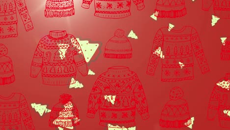 Animation-of-falling-christmas-tree-over-jumper-print-on-red-background