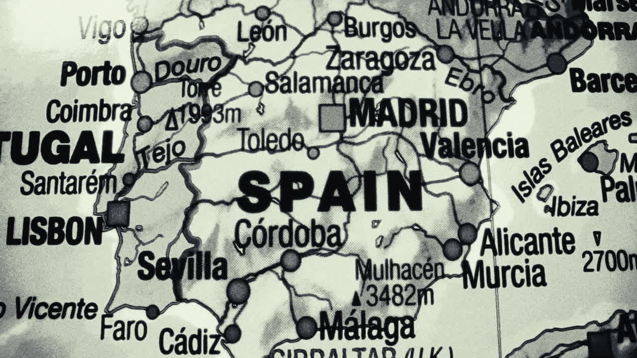 Close-up of a map of Spain and Portugal