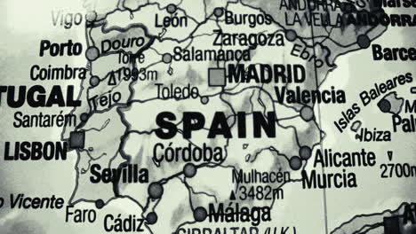 close-up of a map of spain and portugal