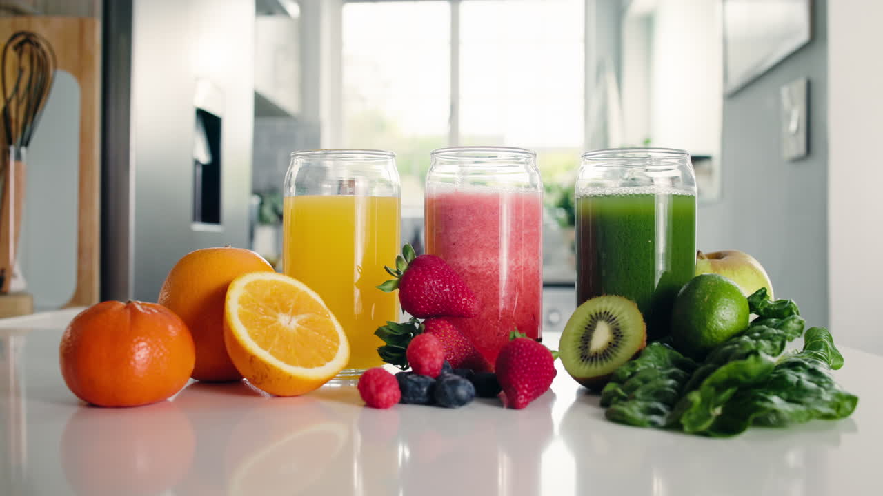 Succhi e frullati freschi e colorati con frutta e verdura