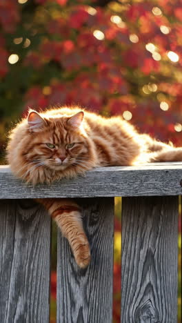 fluffy orange cat lounging on a wooden fence in autumn sunlight