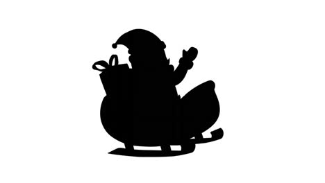 Digital-animation-of-black-silhouette-of-santa-claus-in-sleigh-against-white-background