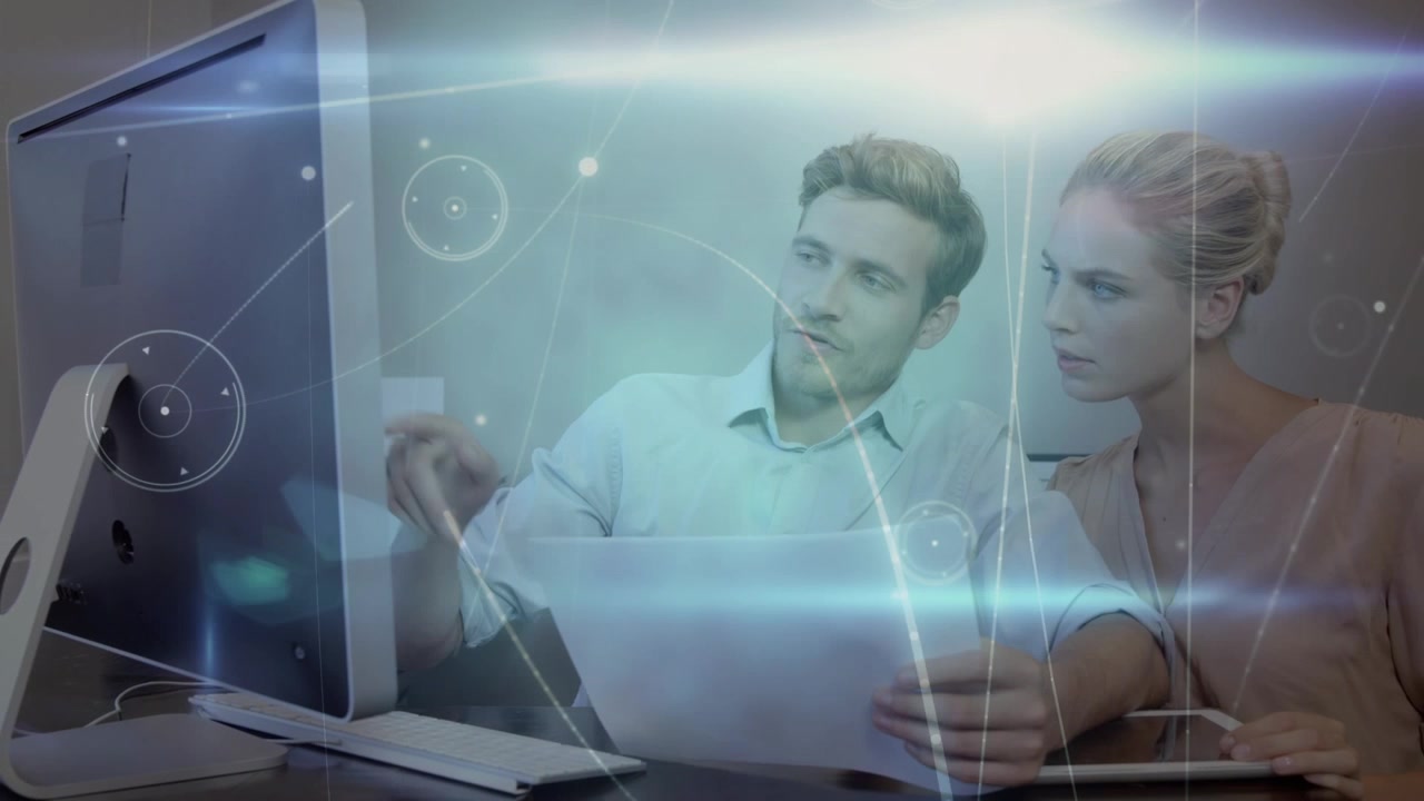 Network of connections against caucasian couple calculating finance using a computer