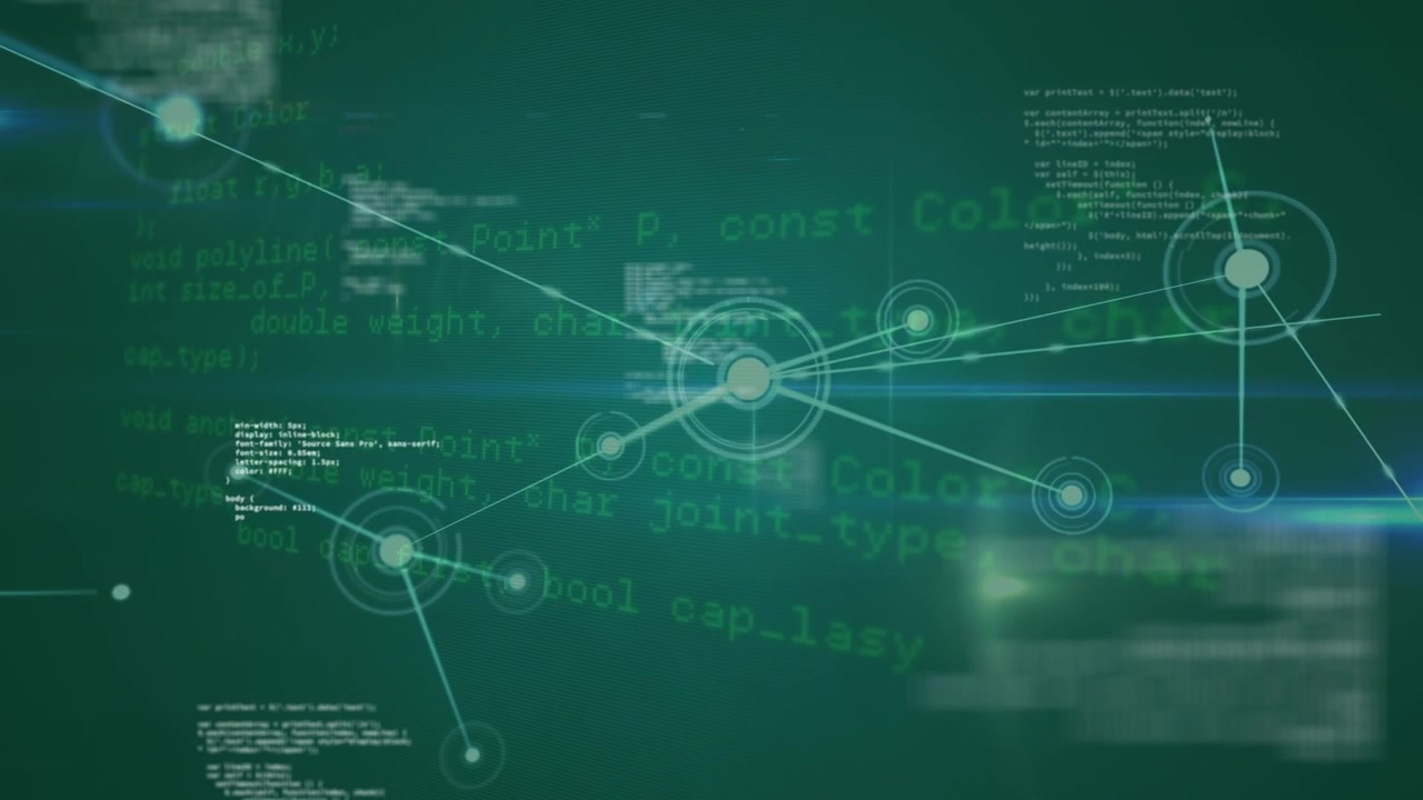 Animation of green digital screen with connections and data processing