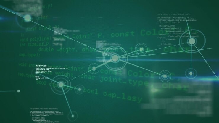 Animation of green digital screen with connections and data processing