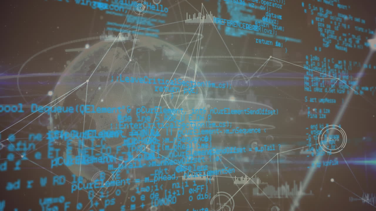 블랙 배경에 전 세계 연결 및 데이터 처리 네트워크의 애니메이션